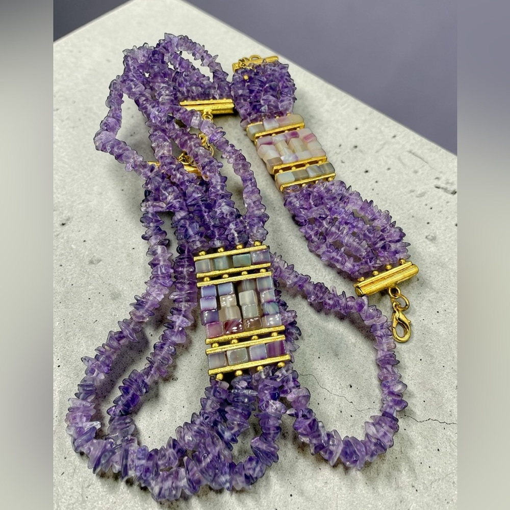Amethyst Multi Strand Choker Necklace & Bracelet Set Mosaic Agate 161g Stunning - Picture 13 of 17